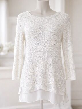 LOFT White Sequin Knit Sweater Tunic Sheer Hem Women's Small